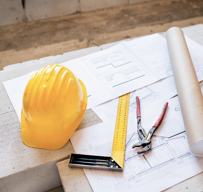 Żółty kask, projekt budowlany i narzędzia na dokumentach – wsparcie prawne w sporach związanych z robotami budowlanymi.